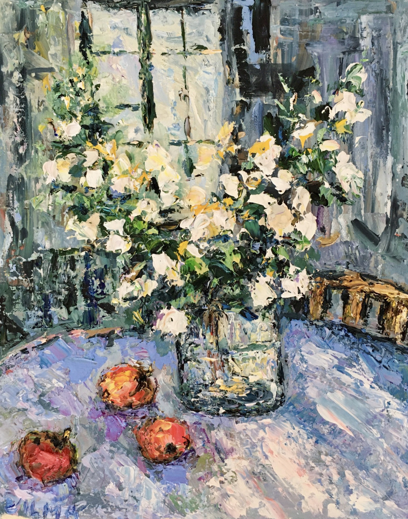 Still life with white flowers and red apples original painting by Vilma Gataveckienė. Still-Life