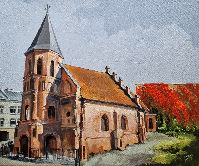 St. Gertruda Church in Kaunas original painting by Rasa Tamošiūnienė. Urbanistic - Cityscape