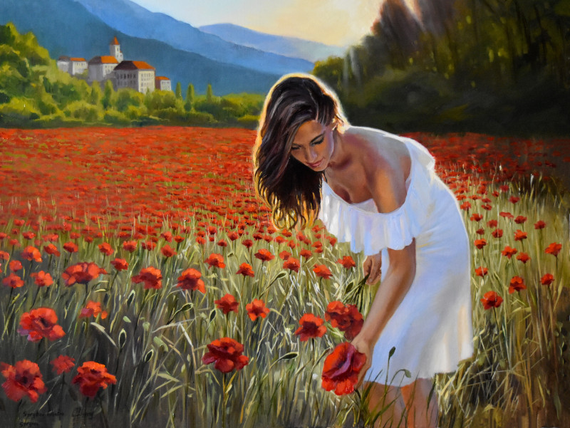 THE FIELD WITH RED POPPIES original painting by Serghei Ghetiu. Paintings With People