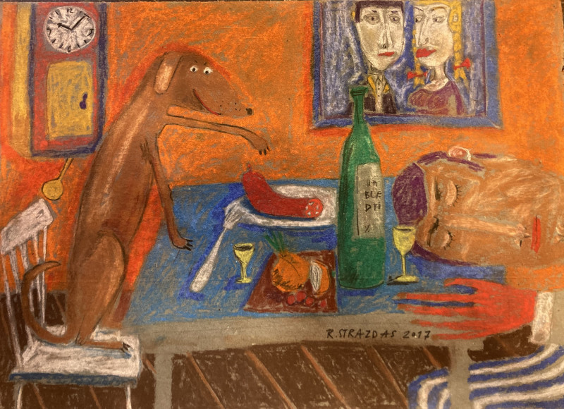 A Dog's Dinner original painting by Robertas Strazdas. Animalistic Paintings