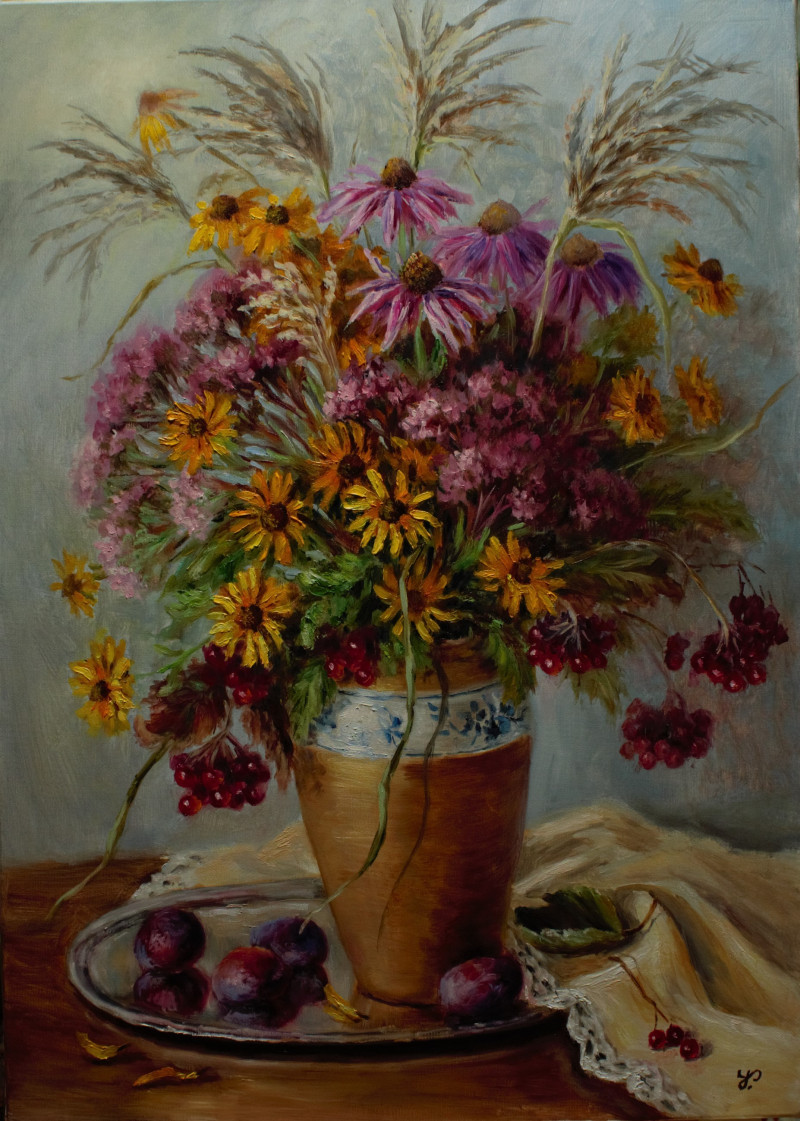 Irma Pažimeckienė tapytas paveikslas Violetinių atspalvių ruduo, Gėlės , paveikslai internetu