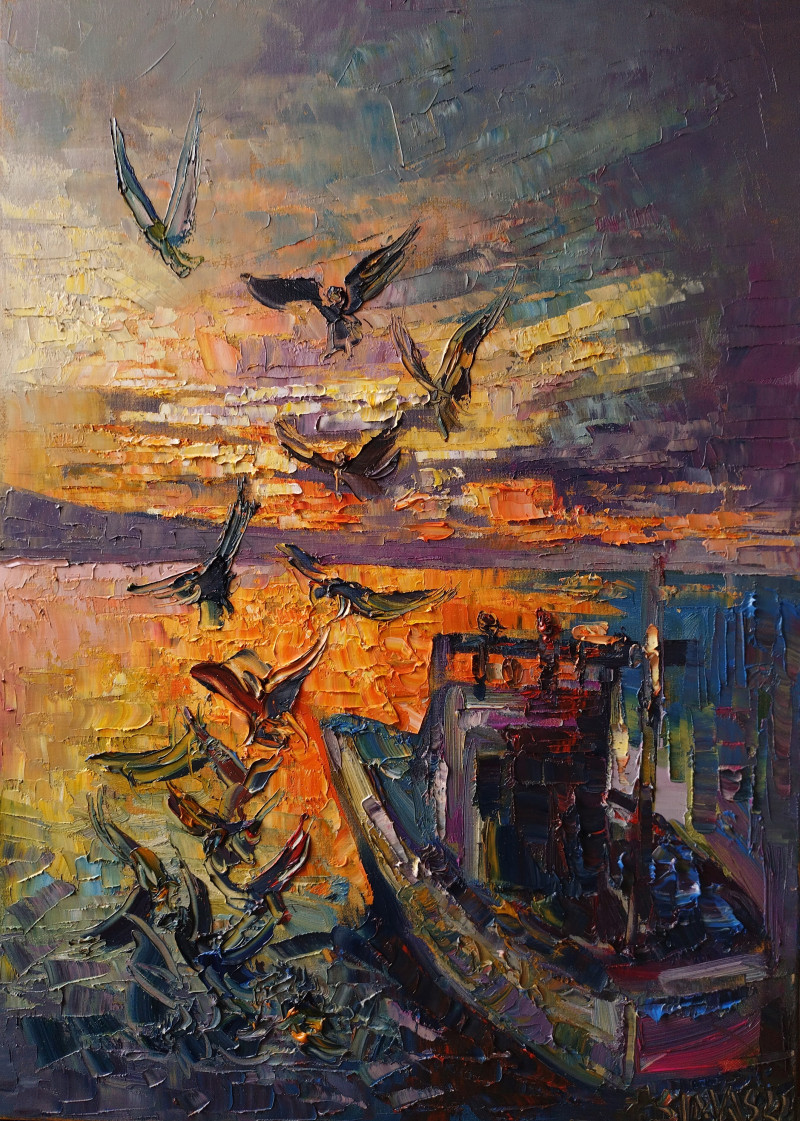 Simonas Gutauskas tapytas paveikslas Žuvėdros prieš saulėlydį, Peizažai , paveikslai internetu