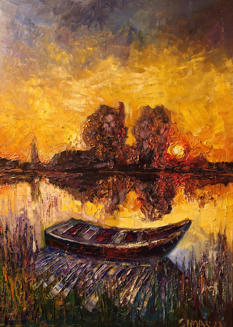 A Boat By the Bridge original painting by Simonas Gutauskas. For Art Collectors