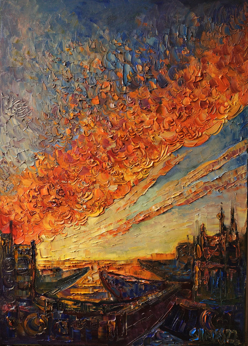 Sunset in the Harbor original painting by Simonas Gutauskas. Expression