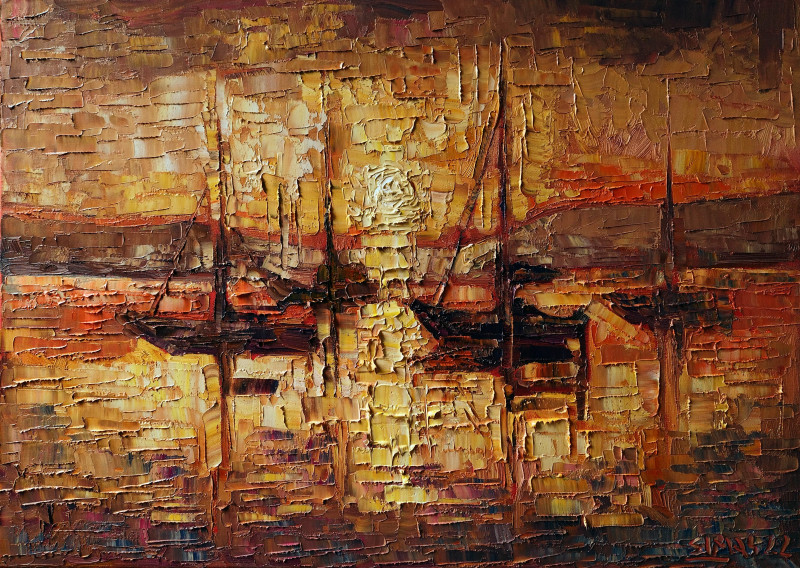 Boats in the Bay original painting by Simonas Gutauskas. Marine Art