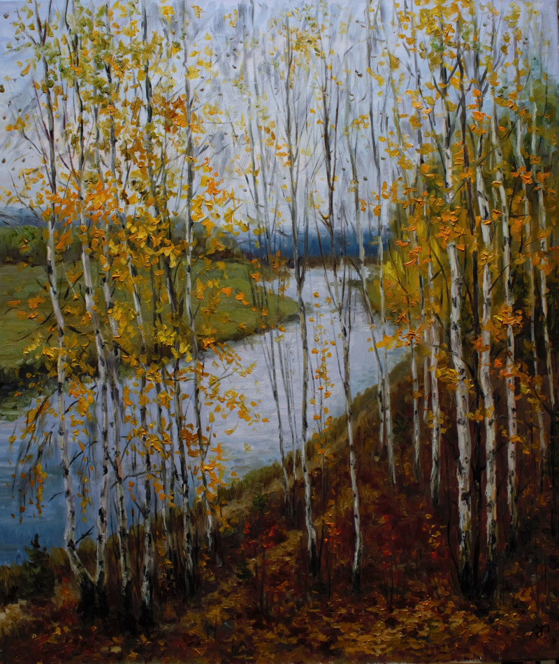 Autumn Birch Strings original painting by Irma Pažimeckienė. Landscapes
