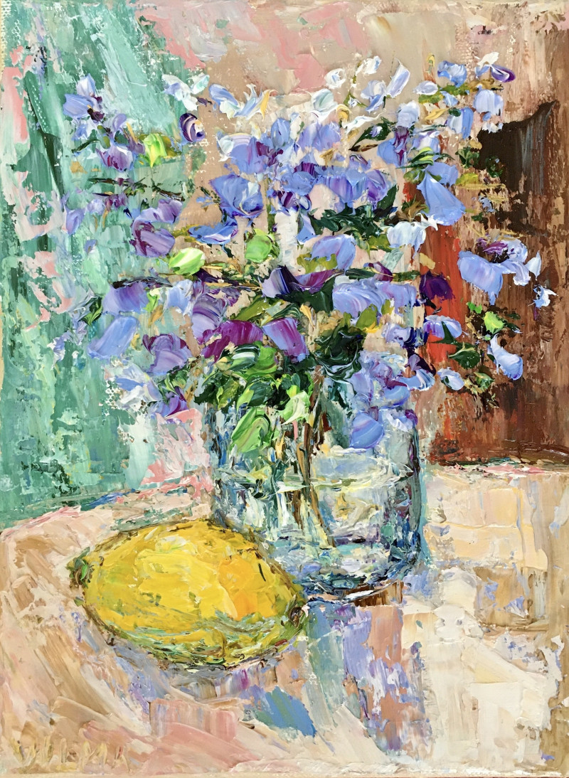 Vilma Gataveckienė tapytas paveikslas Still Life With Lemon And Flowers, Gėlių kalba , paveikslai internetu