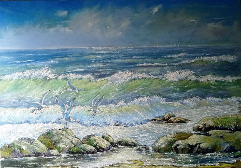 Funny Seagulls original painting by Raimundas Dzimidavičius. Marine Art