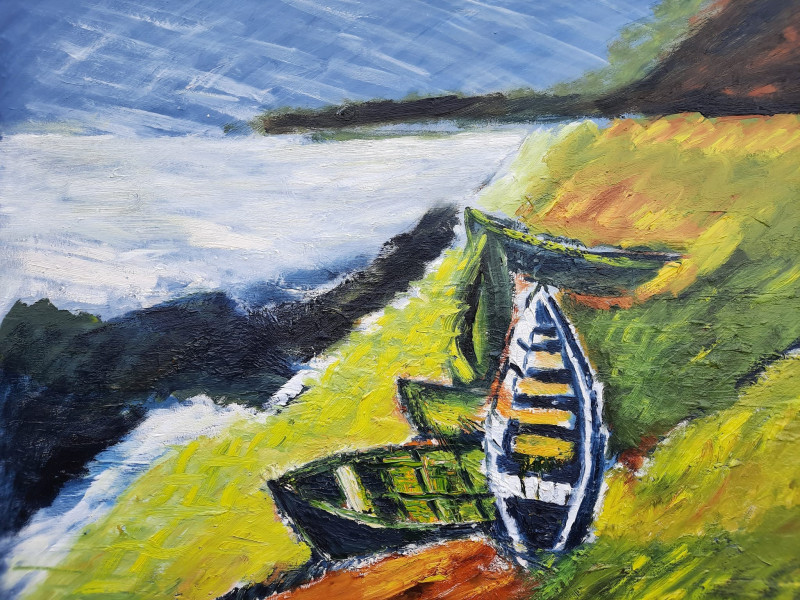 Boats By The Lagoon original painting by Gitas Markutis. Landscapes