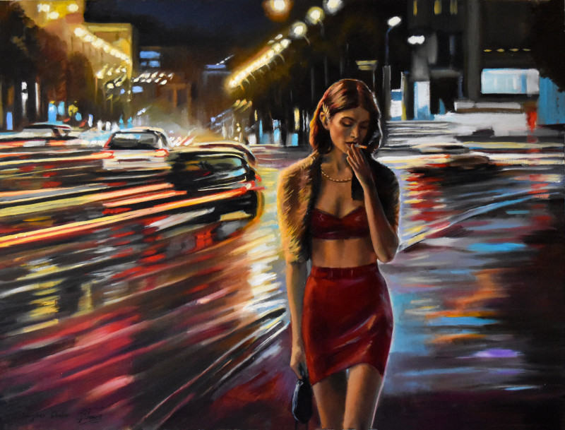 A Walk in the Night original painting by Serghei Ghetiu. Urbanistic - Cityscape