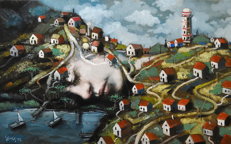 Calm Story of a Little Town original painting by Laimonas Šmergelis. Urbanistic - Cityscape