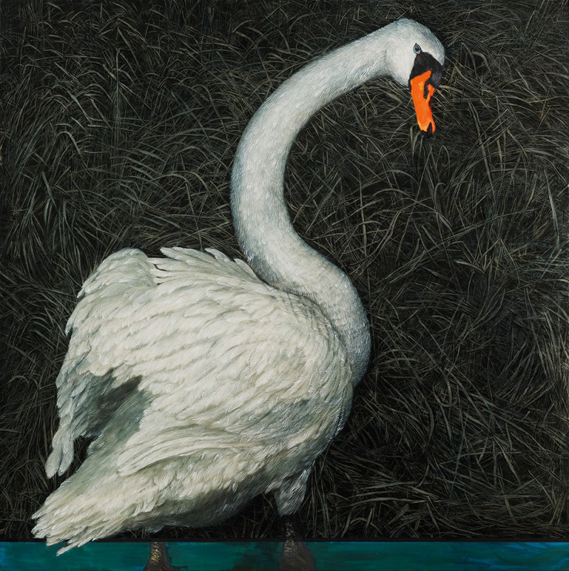 Swan at Nightfall original painting by Natalie Levkovska. Animalistic Paintings