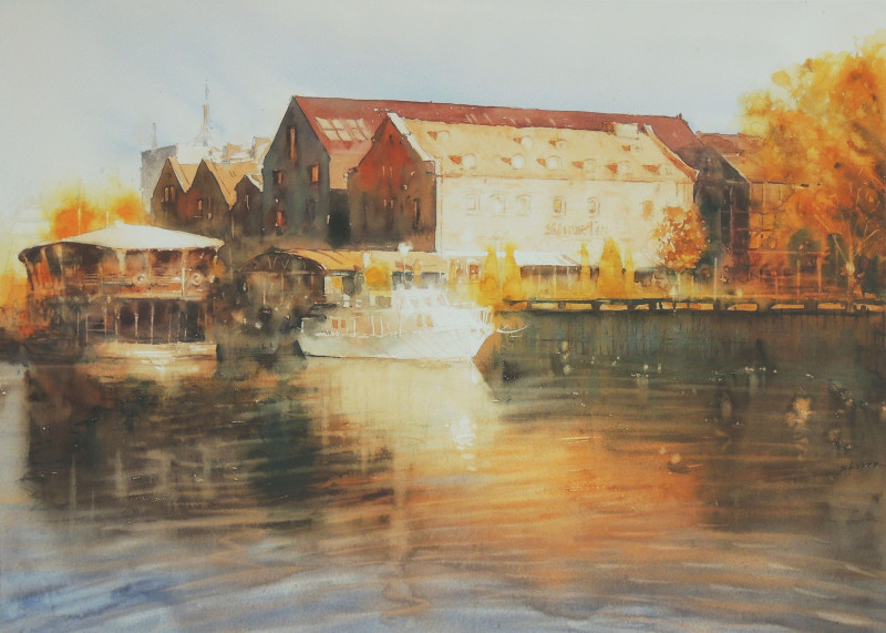 Golden Klaipėda original painting by Sergiy Lysyy. Urbanistic - Cityscape