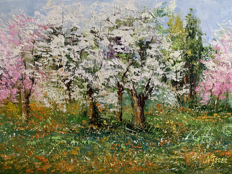 A Walk Through The Blooming Garden original painting by Nijolė Grigonytė-Lozovska. Landscapes