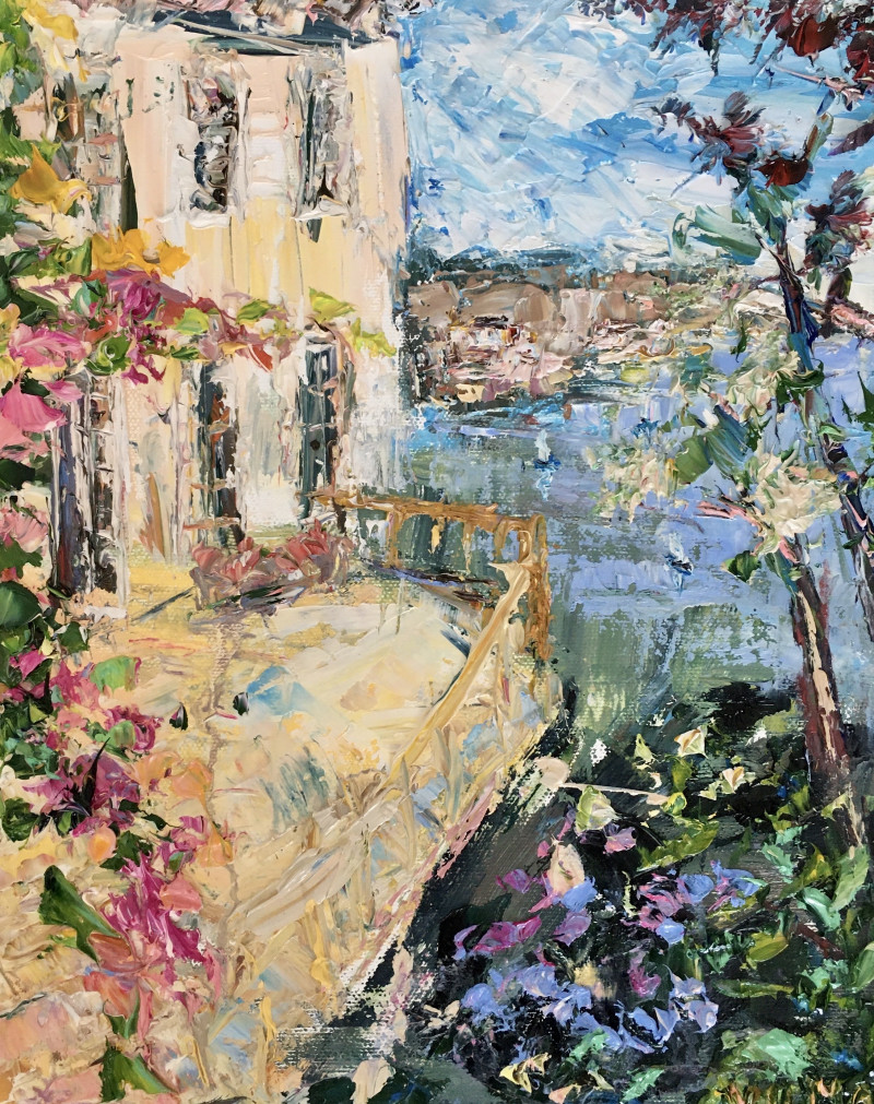 Terrace with flowers original painting by Vilma Gataveckienė. Calm paintings