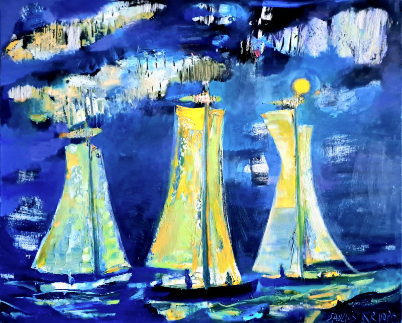 Nida Ships at Night original painting by Saulius Kruopis. Marine Art