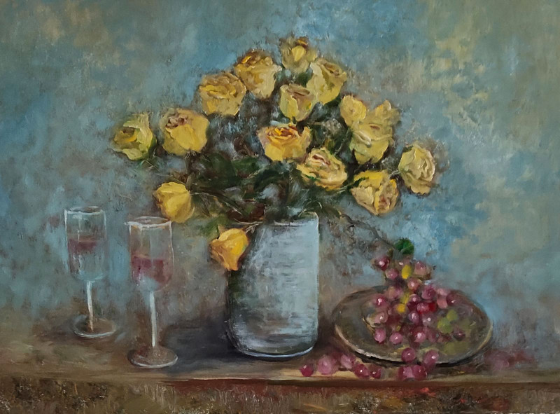 Yellow Roses original painting by Birutė Butkienė. Talk Of Flowers
