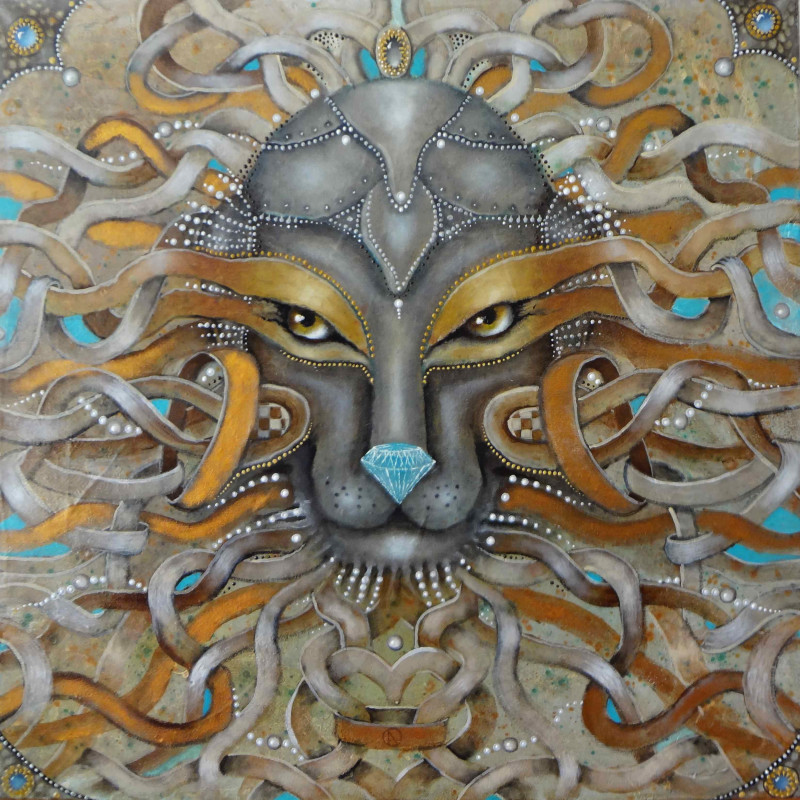 Gold Lion original painting by Lina Alchimavičienė. Fantastic