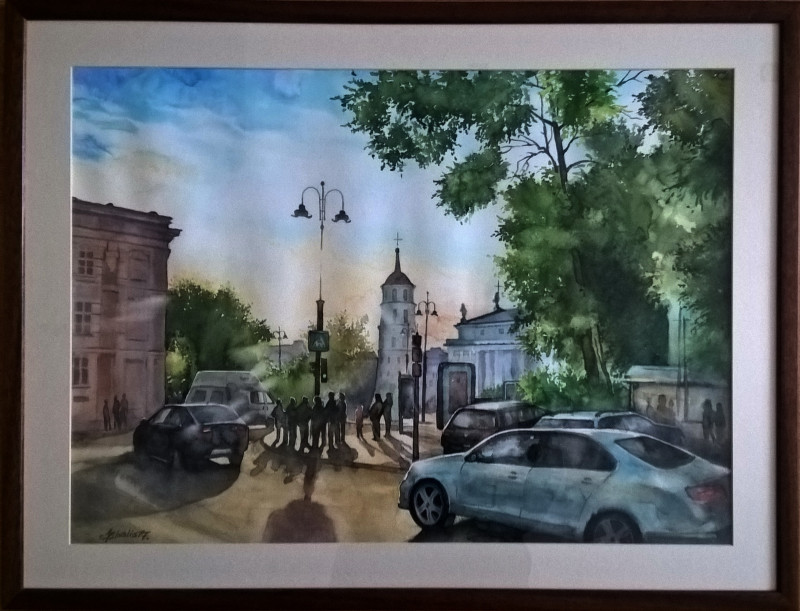 Evening in the City original painting by Algirdas Zibalis. Urbanistic - Cityscape