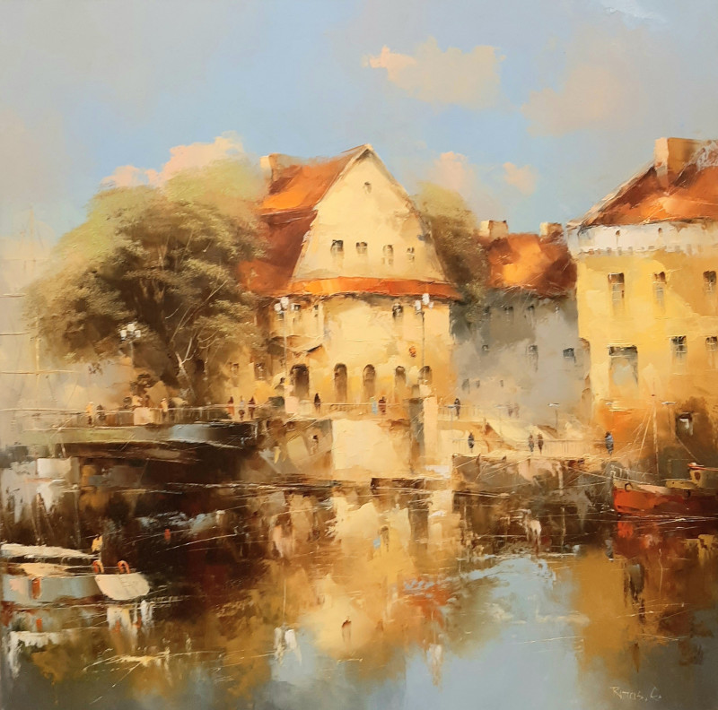 Klaipėda Old Town original painting by Rimantas Grigaliūnas. Urbanistic - Cityscape