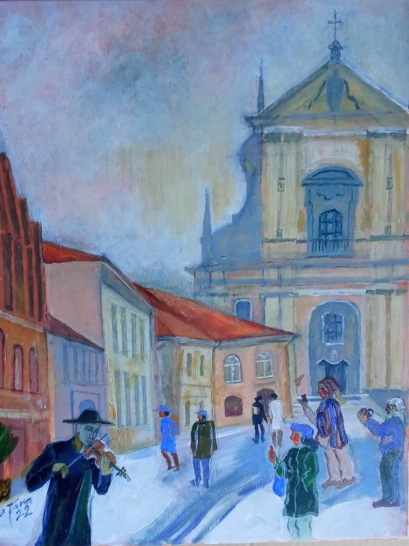 Street Musician original painting by Valerija Vija Tarabildienė. Urbanistic - Cityscape