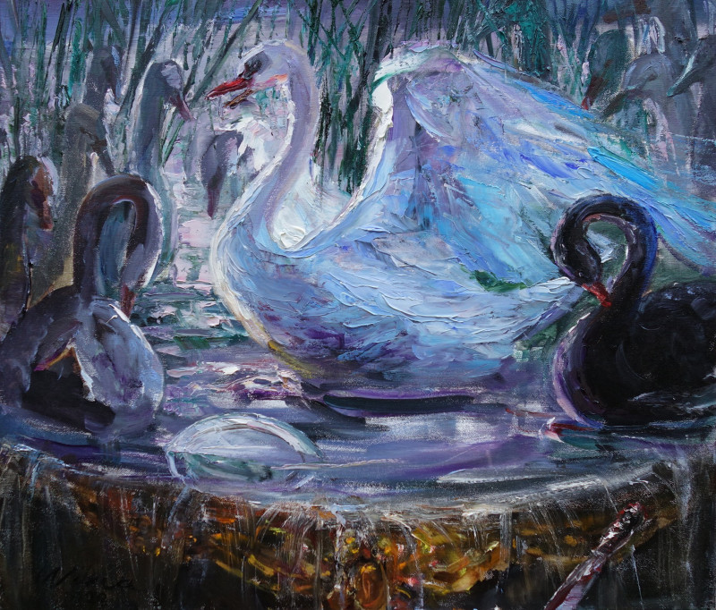 Last Dinner. The Swan Song original painting by Vilma Vasiliauskaitė. Animalistic Paintings