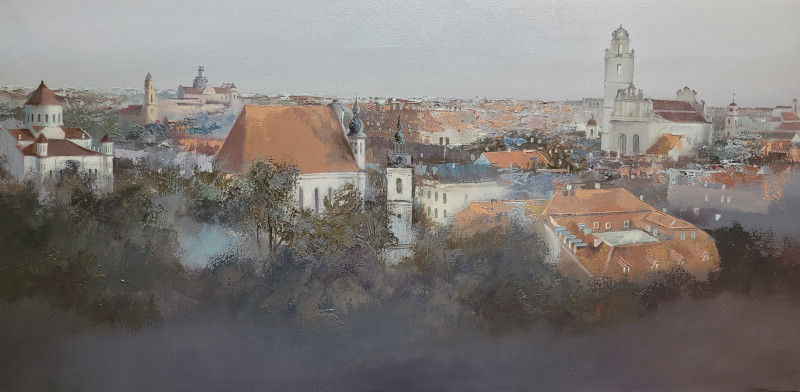 Vilnius panorama original painting by Rolandas Mociūnas. Urbanistic - Cityscape