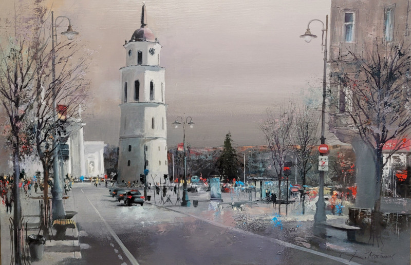 On the way to the Cathedral original painting by Rolandas Mociūnas. Urbanistic - Cityscape