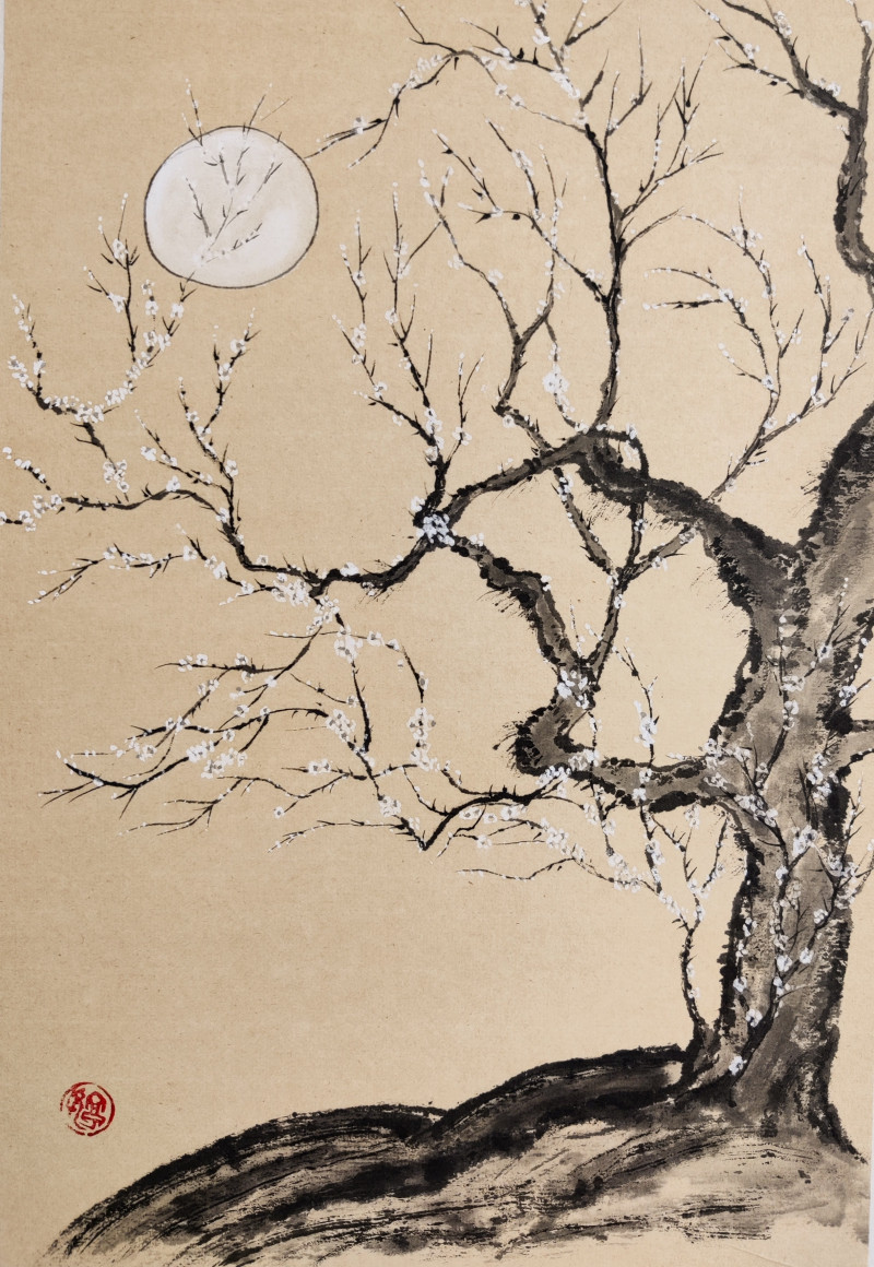 Moon and Plum Blossoms I original painting by Indrė Beinartė. Landscapes