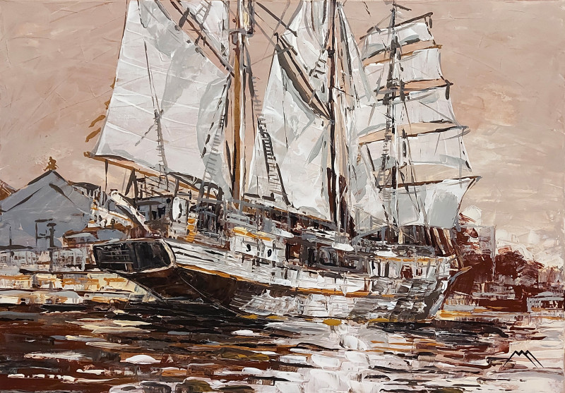 Sailing Ship Meridianas original painting by Marius Morkūnas. Marine Art