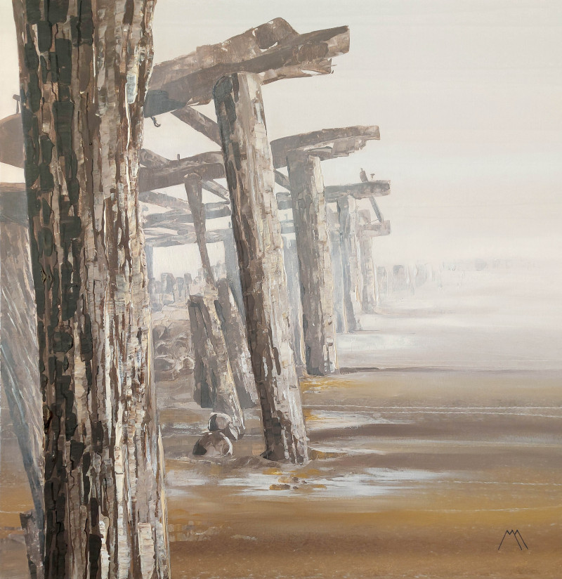 Marius Morkūnas tapytas paveikslas Senas medinis Šventosios tiltas rūke, Peizažai , paveikslai internetu