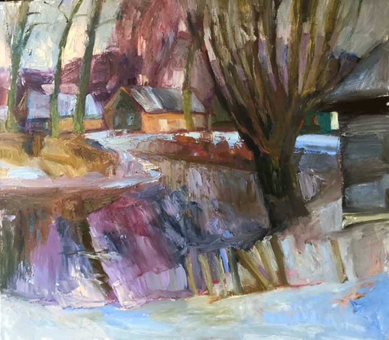 Village by the River original painting by Valentinas Varnas. Landscapes