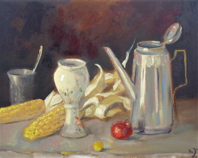 Vidmantas Jažauskas tapytas paveikslas Natiurmortas su kukurūzais, Natiurmortai , paveikslai internetu