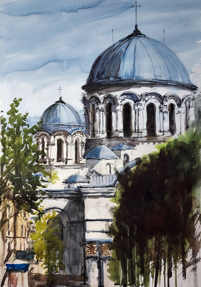 Šv. Arkangelo Mykolo bažnyčia original painting by Eugis Eidukaitis. Urbanistic - Cityscape