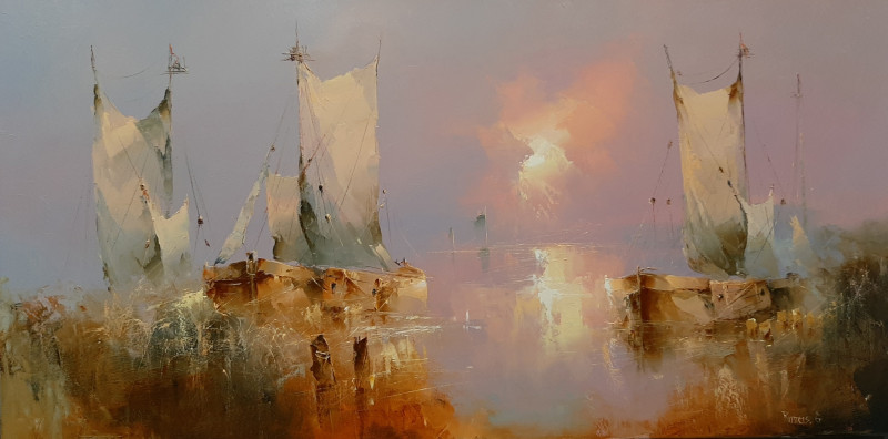 Old Ships of Lagoon original painting by Rimantas Grigaliūnas. Marine Art