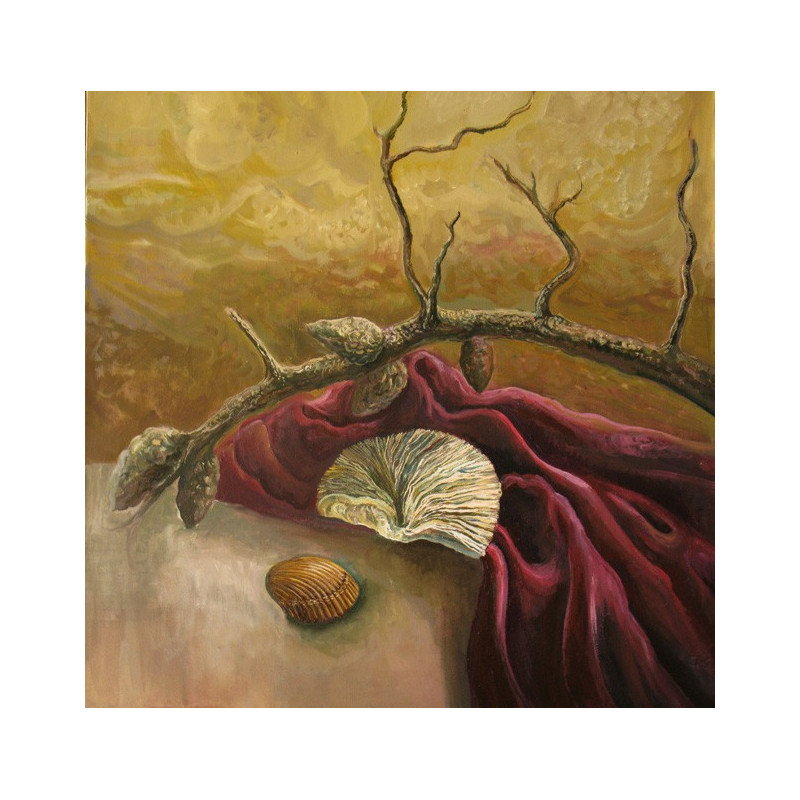 Jolanta Sereikaitė tapytas paveikslas Natiurmortas su šaka ir kriaukle, Tapyba akrilu , paveikslai internetu
