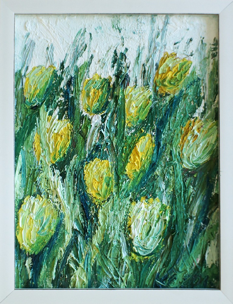 Yellow Tulips original painting by Kristina Česonytė. Oil painting