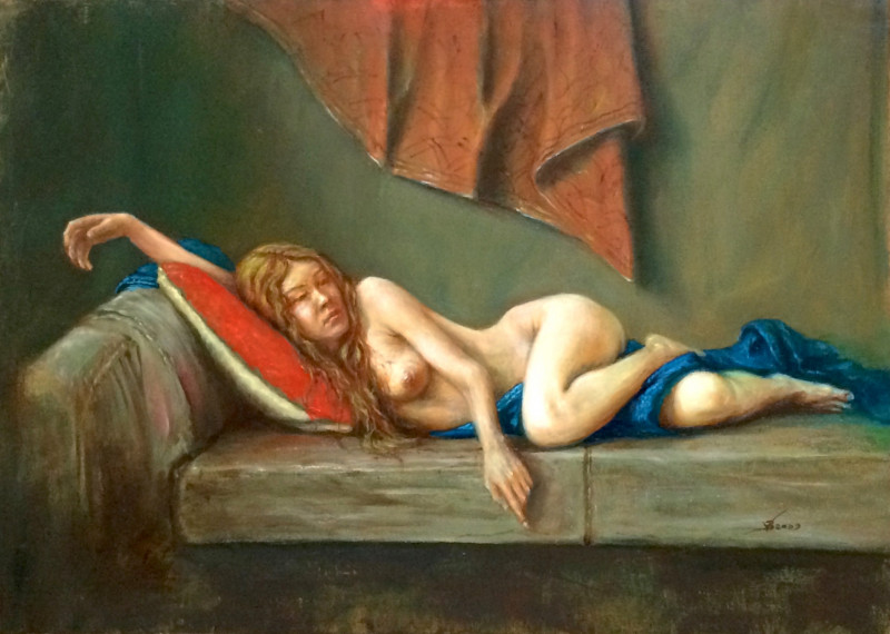 Lying original painting by Vaidas Bakutis. Oil painting
