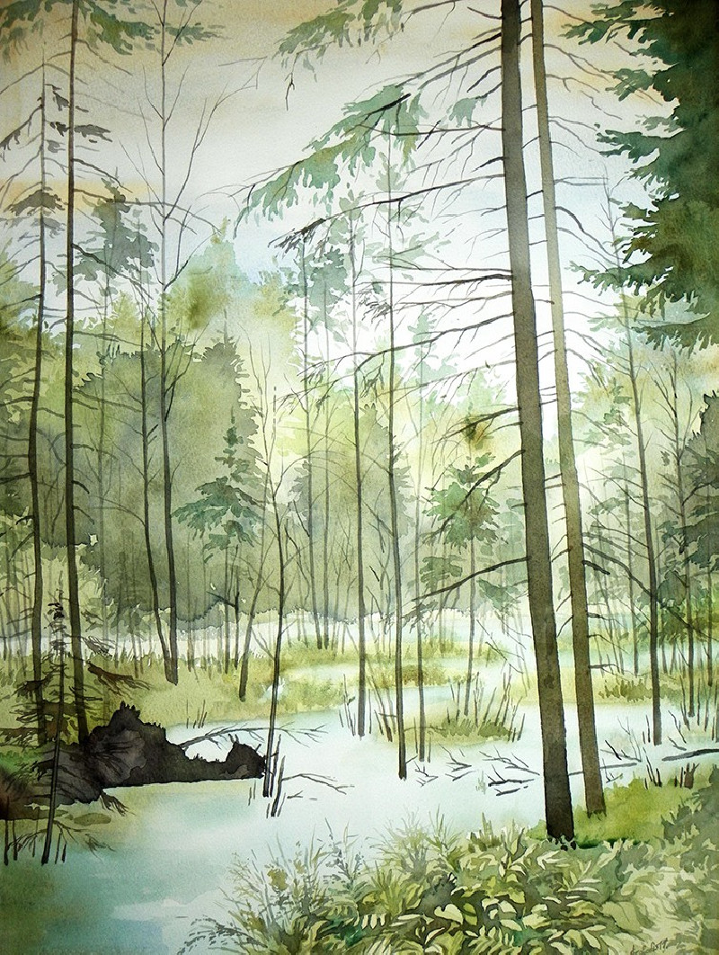 Algirdas Zibalis tapytas paveikslas Patvinęs upelis, Akvarelė , paveikslai internetu