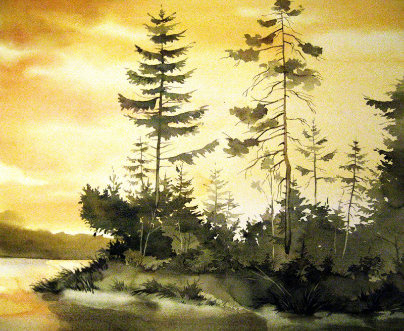 Algirdas Zibalis tapytas paveikslas Saulė leidžiasi, Akvarelė , paveikslai internetu