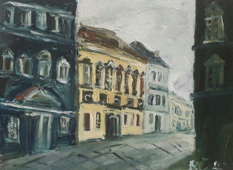 Colorful Old Town original painting by Kristina Česonytė. Oil painting