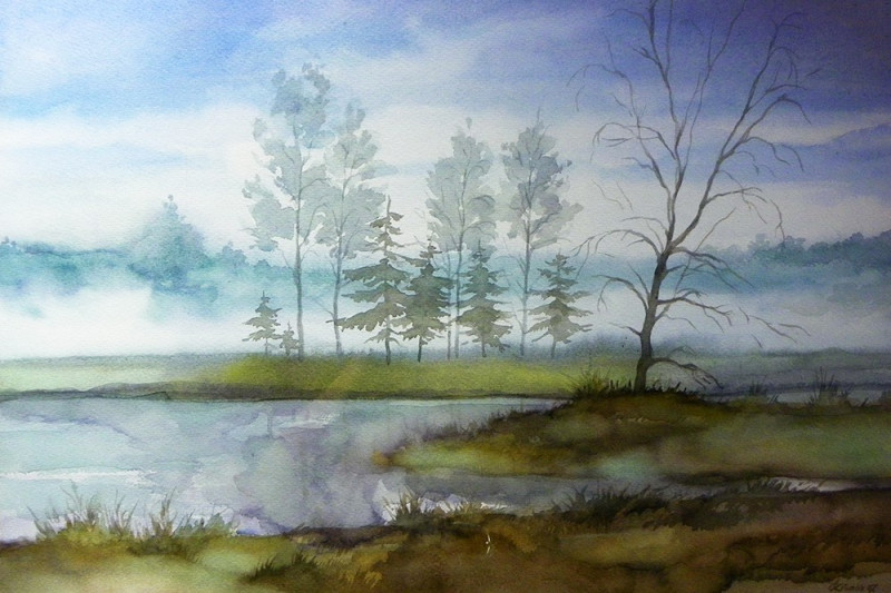 Early Morning at the Pond original painting by Algirdas Zibalis. Watercolor painting