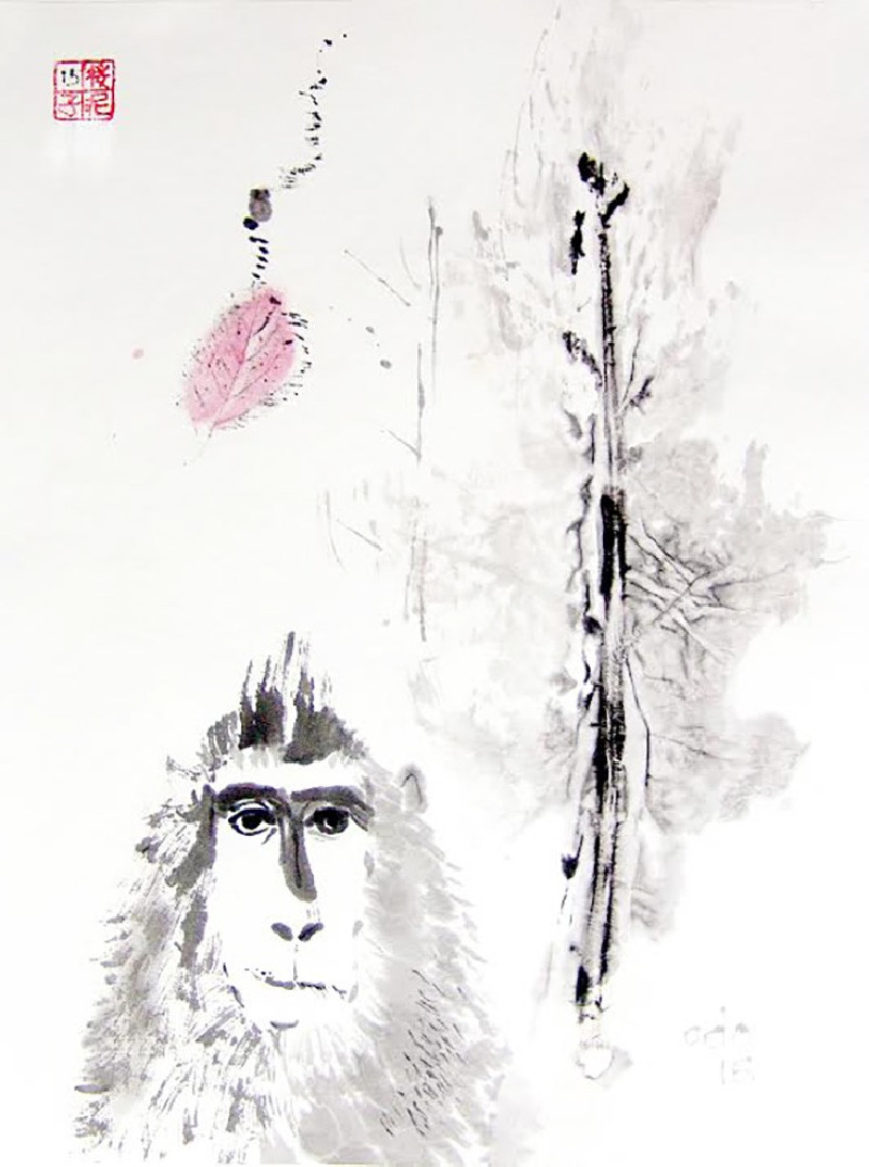 Year of monkey 5 original painting by Jūra Vaškevičiūtė. Calligraphy
