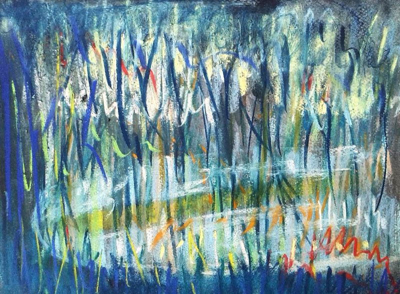 Icy lake through willow branches original painting by Sigita Dabulskytė. Abstract Paintings