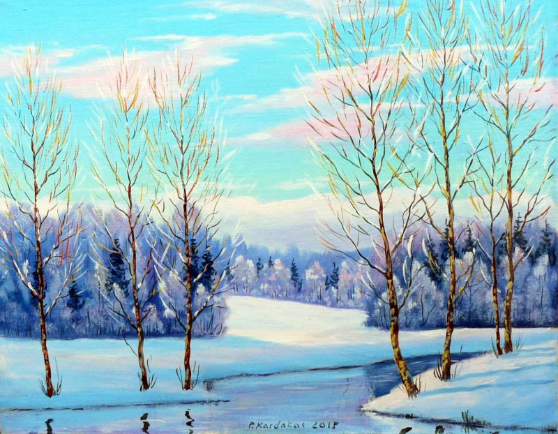 Winter original painting by Petras Kardokas. Landscapes
