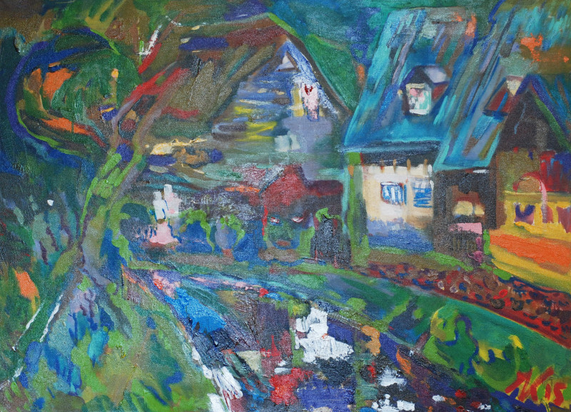 Antanas Virginijus-Krištopaitis tapytas paveikslas Namai prie Ražės, Abstrakti tapyba , paveikslai internetu