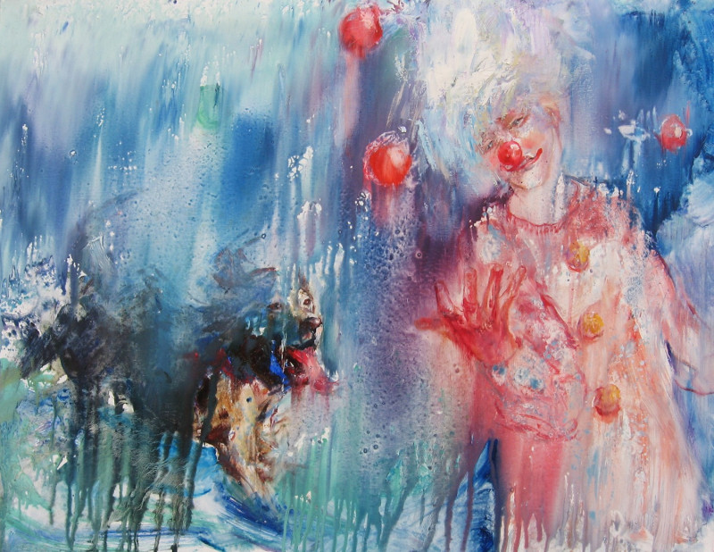 Juggler in the Rain original painting by Vilma Vasiliauskaitė. Animalistic Paintings