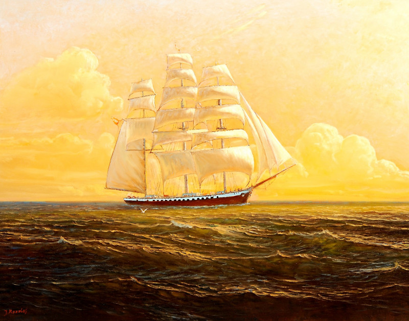 With a Favorable Wind original painting by Jonas Kozulas. Marine Art