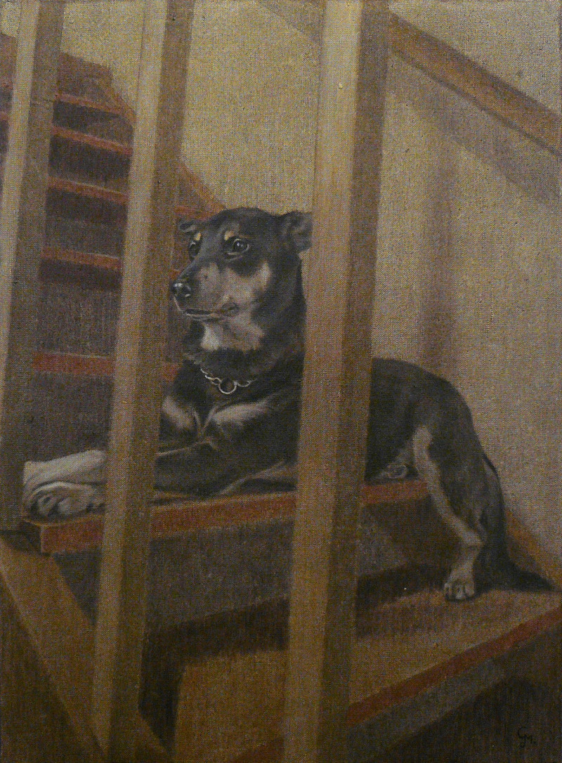 Dog on the Stairs original painting by Gintarė Marčiulynaitė-Maskaliūnienė. Animalistic Paintings