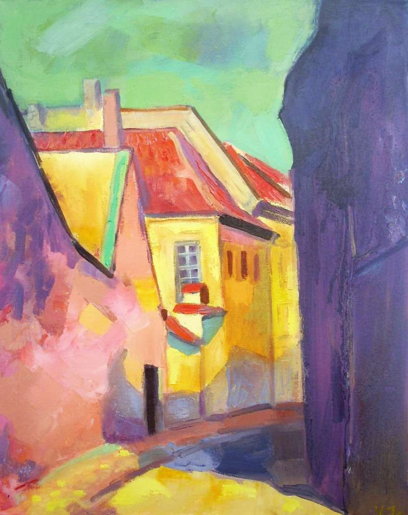 Bernardinu Street original painting by Vidmantas Jažauskas. Urbanistic - Cityscape